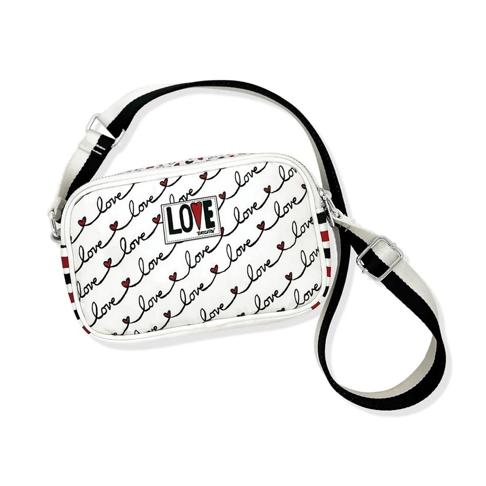 Brighton White 'LOVE' Script Crossbody with Black Strap and Red Heart Accents